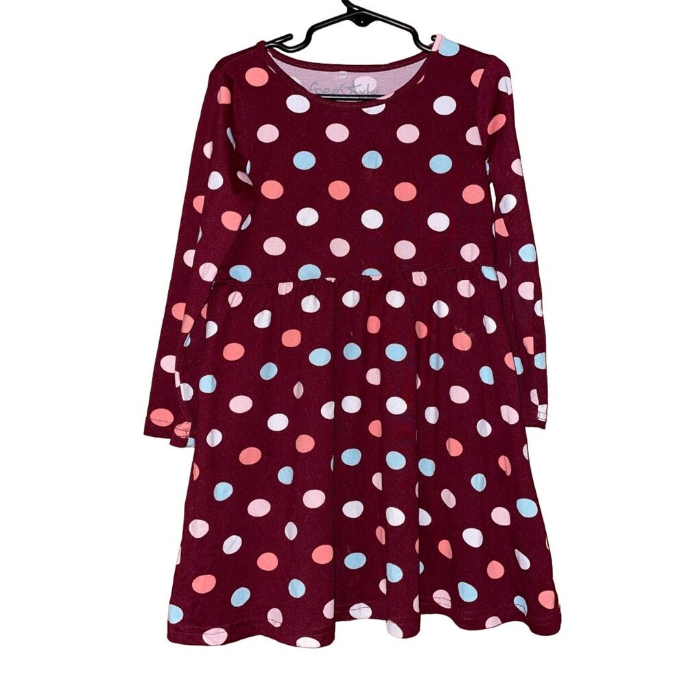 Girls Burgundy Polka Dot Freestyle Long-Sleeve Dress
